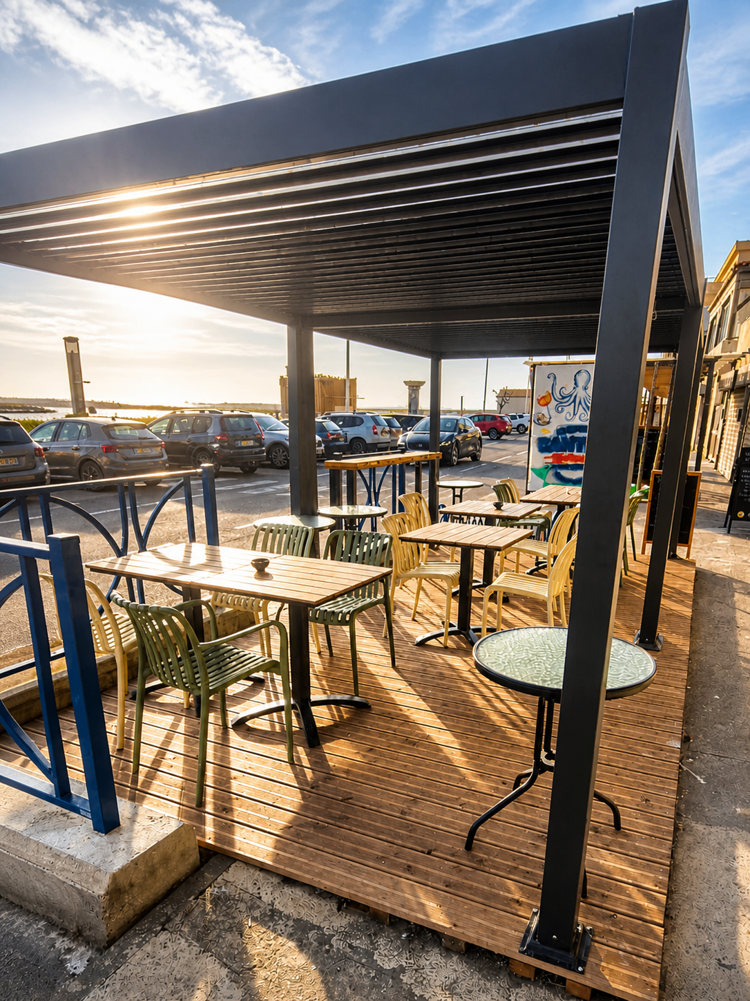 Terrasse Chez Claire au coucher du soleil, vue sur la mer